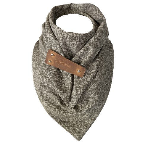 Stylowa chusta bawełniana w odcieniu taupe z delikatną nutą brązu, z oryginalną zapinką skórzaną w kształcie trapezu. Splot tkaniny zbliżony do tekstury lnianej.